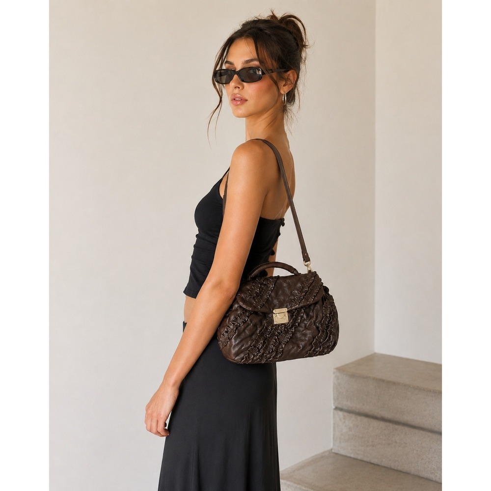 Danielle Nicole Y2K Dark Brown Ruffled‎ Faux Leather Satchel Crossbody Bag